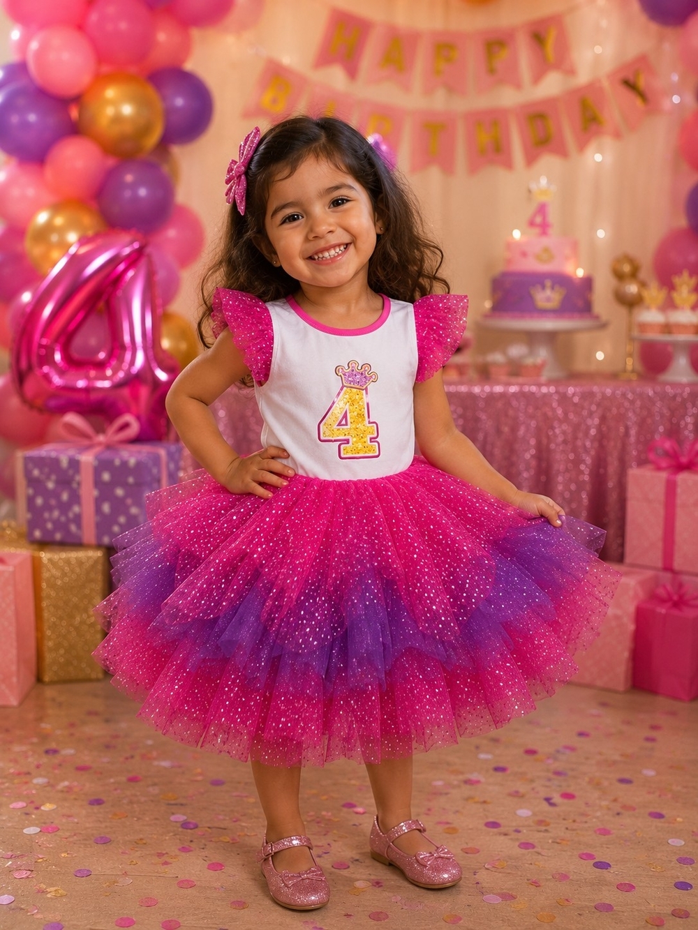 Girls' Pink and Purple Sparkle Tulle 4th Birthday Dress
